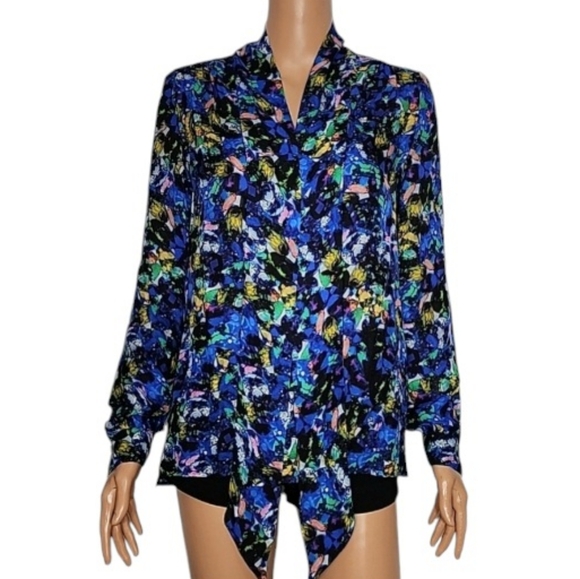 MILLY Silk Jewel-Print Tie-Neck Blouse  blue multicolor Size 4‎ Small - Picture 2 of 15